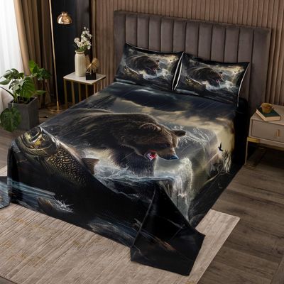 Bass Fish Kids Bedspread Queen Size,Wild Bear Jungle Hunting Animal Adventure Coverlet Set,Boys Men Room Decor,Underwater World Marine Life Quilted Coverlet,Dark Brown Bedding Quilt,2 Pillowcases