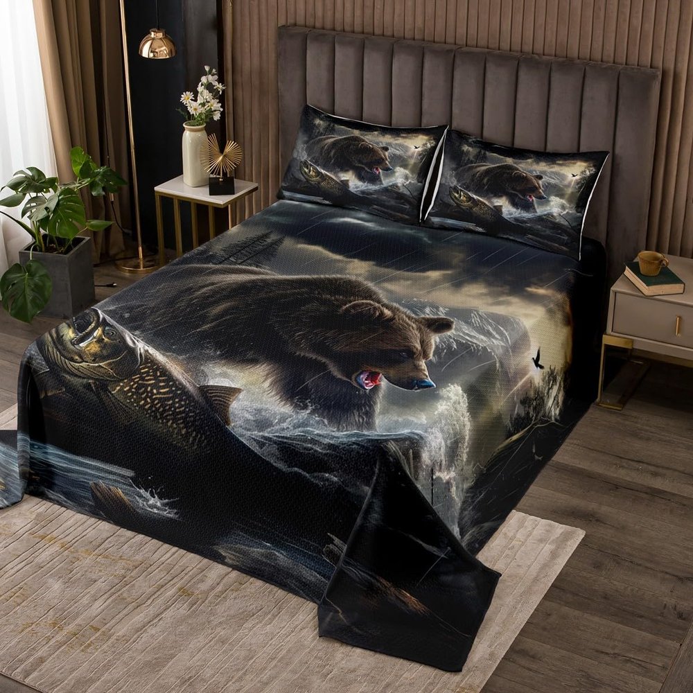 Bass Fish Kids Bedspread Queen Size,Wild Bear Jungle Hunting Animal Adventure Coverlet Set,Boys Men Room Decor,Underwater World Marine Life Quilted Coverlet,Dark Brown Bedding Quilt,2 Pillowcases