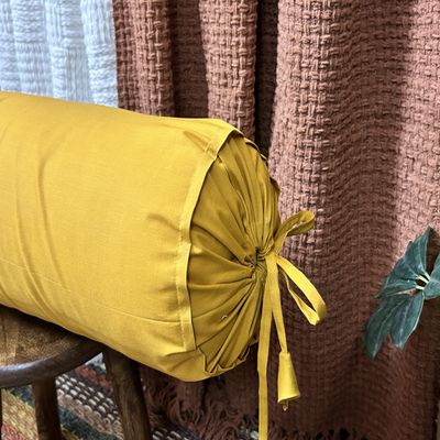 2 Pcs Cervical Neck Roll Pillow Cover with Drawstring Closures Round Neck Roll Pillow Case Cotton Bolster Pillowcases for Cylindrical Cushion (Mustard, 6 x18 inch (15 x45.5 cm))
