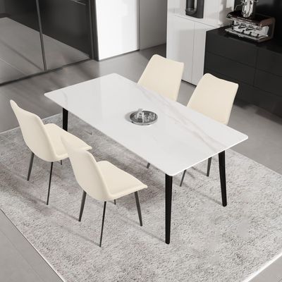 AmoUnico 5 Piece Dining Room Set 63" Marble Sintered Stone Dining Table for 4-6 People and Upholstered PU Leather Dining Chairs for Home Kitchen,Jade White Table and Beige Chairs