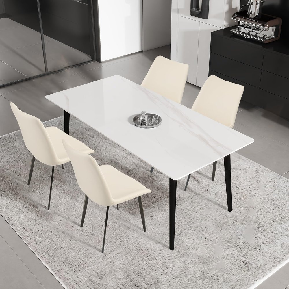 AmoUnico 5 Piece Dining Room Set 63" Marble Sintered Stone Dining Table for 4-6 People and Upholstered PU Leather Dining Chairs for Home Kitchen,Jade White Table and Beige Chairs