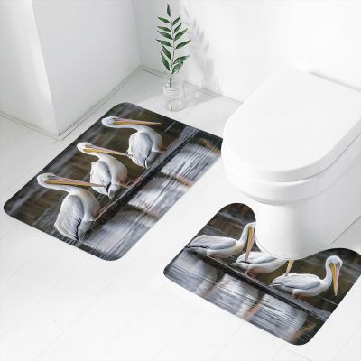 Bathroom Rugs Sets 2 Piece Soft Absorbent Bath Mat for Bathroom Three Pelicans Bath Rugs and U-Shaped Contour Toilet Rug Non-Slip Bath Carpet for Bathtub Floor Mat