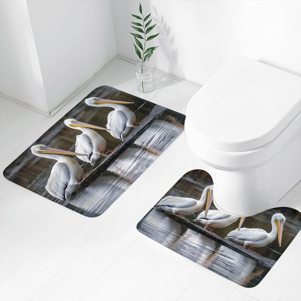 Bathroom Rugs Sets 2 Piece Soft Absorbent Bath Mat for Bathroom Three Pelicans Bath Rugs and U-Shaped Contour Toilet Rug Non-Slip Bath Carpet for Bathtub Floor Mat