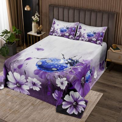Ladybug Quilt Set Daisy Flowers Twin Bedspread Set,Blue Purple Ombre Oil Painting Lady Beetle Coverlet Set Graffiti Watercolor Beetles Ladybird Quilted Rustic Animals Butterfly Bohemian Decor