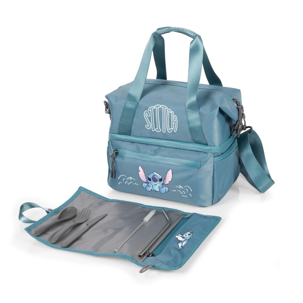 Picnic TIME Disney Lilo and Stitch Tarana Insulated Lunch Bag, Recycled Fabric Lunch Box with Picnic Set, Expandable Cooler Tote with Utensils and Straw, Aurora Blue (Aurora Blue)