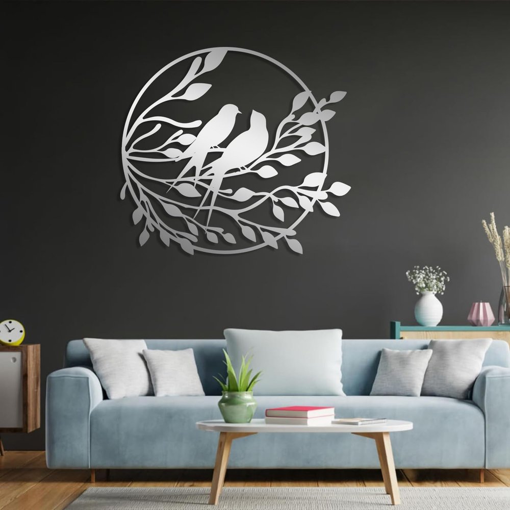 Metal Bird Wall Decor, Love Birds Wall Art, Birds Metal Wall Decor, Birds on Branch Metal Wall Art, Metal Wall Art, Leaves Wall Decor, Nature Wall Art, Bird Wall Art for Living Room (Silver, 18"x18" | 47x47cm)
