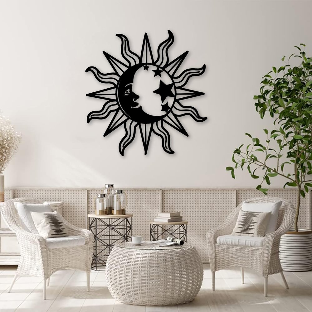 Idadey Celestial Boho Wall Art - Sun Moon Outdoor Wall Decor (Black, 23"x23" | 60x60cm)