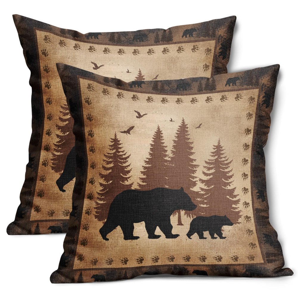 aportt Bear Pillow Covers 16x16 Inch Wild Animal Forest Cotton Linen Decorative Throw Pillow Case Nature Wildlife Tree Brown Cushion Cover Set of 2 Home Decor for Bedroom Sofa Living Room Couch Chair
