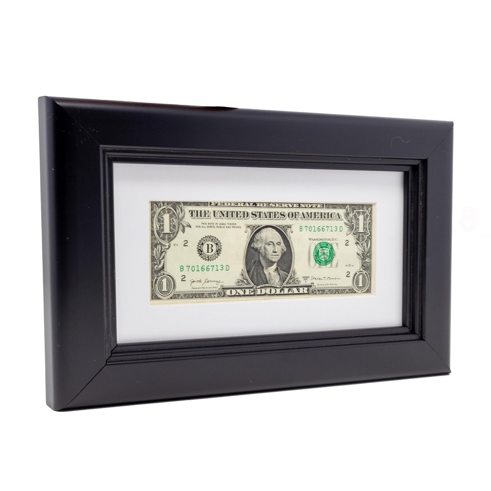 CountryArtHouse Traditional Black First Dollar Frame with White Photo Mat, Dollar Bill Holder With Easel Stand and Wall Hanger Included