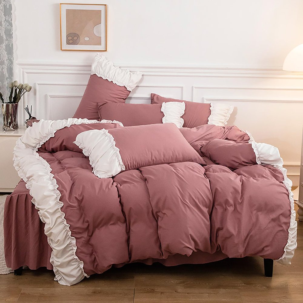 HomeLoft Basics Pink,Twin, Quilt Set Queen Size, Simple Solid Color Cotton Quilt Bedding Set Bedspread Elegant lace Princess Style Sheet Set Include Comforter, Flat Sheet Pillowcase
