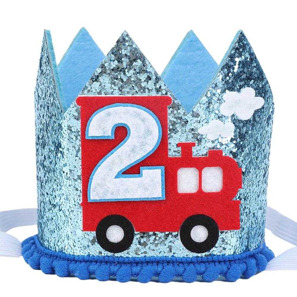CORNER LACE Train 2nd Birthday Hat - Second Birthday Glitter Crown Blue, Two Years Old Chugga Chugga Two Two Theme Party Decorations Supplies