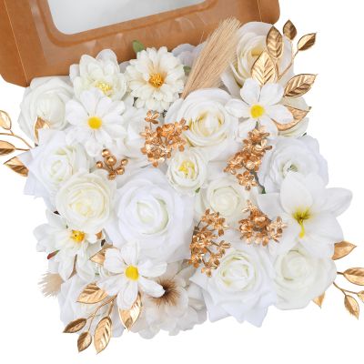 Garisey Artificial Flowers Combo, Mix Silk Flowers Roses, Peonies, Dahlias with Stems for DIY Wedding Bridal Bouquets, Baby Shower, Table Centerpieces, Home Decor, Fake Floral Arrangements-White