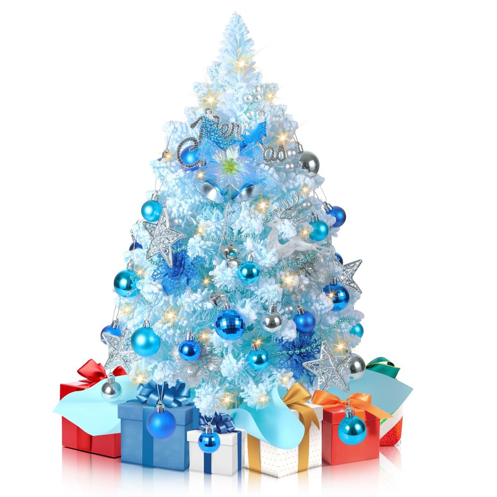 2FT Mini Christmas Tree, Snow Flocked Blue Christmas Trees, 100 Lifelike Branches, 60 LED Lights, 47 Ornaments, 24 Inches Tabletop Artificial Prelit Small Christmas Tree for Holiday Indoor DIY Decor