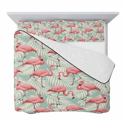 Summer Quilts Twin XL Size, Lightweight Quilted Coverlet Nature Comforter Set for Bed, All Season Bedspreads Flamingos with Tropical Leaves Pattern Soft Quilt Bedding with 2 Pillowcases 68x98 Inch