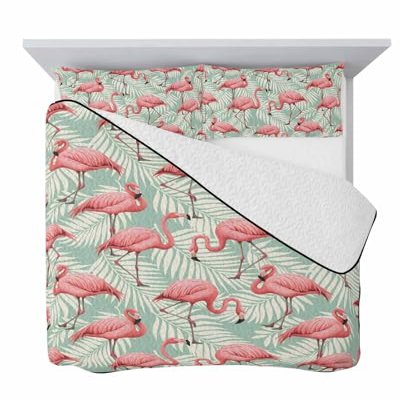 Summer Quilts Twin XL Size, Lightweight Quilted Coverlet Nature Comforter Set for Bed, All Season Bedspreads Flamingos with Tropical Leaves Pattern Soft Quilt Bedding with 2 Pillowcases 68x98 Inch