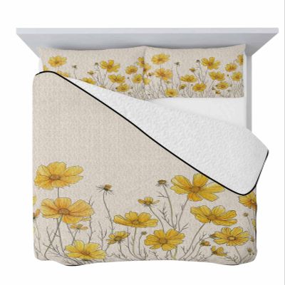 Summer Quilts Twin Size, Lightweight Quilted Coverlet Vintage Floral Comforter Set for Bed, All Season Bedspreads Farmhouse Yellow Chrysanthemum Soft Quilt Bedding with 2 Pillowcases 68x86 Inch
