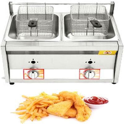 XQZMZSCP Commercial Countertop LPG Gas Deep Fat Fryer Dual Tanks with 10Lx2 Basket and Lid Stainless Steel Large Capacity Propane LPG with Metal Tube
