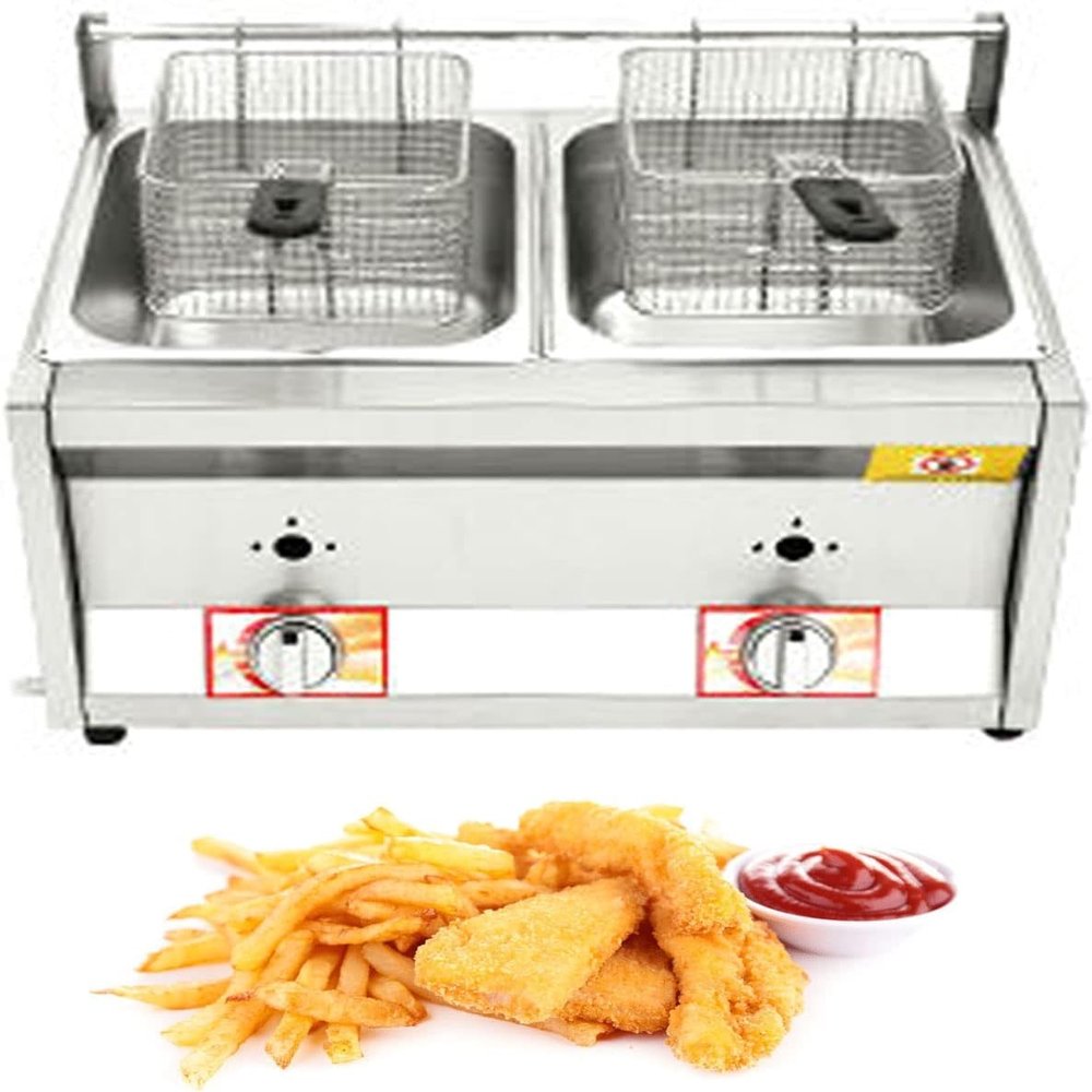 XQZMZSCP Commercial Countertop LPG Gas Deep Fat Fryer Dual Tanks with 10Lx2 Basket and Lid Stainless Steel Large Capacity Propane LPG with Metal Tube