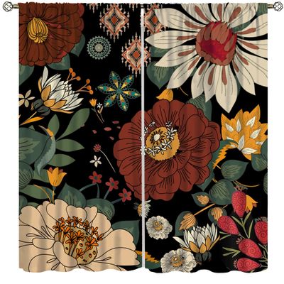 SENRUEGT Floral Botanical Curtain,Abstract Mid Century Morden Boho Bohemian Flowers Tropical Leaves Bedrooms Curtain,Vintage Colorful Floral Drapes 42x63in, Red Yellow