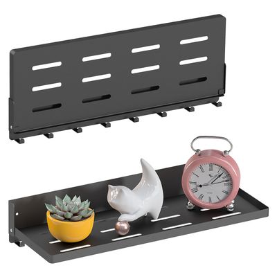 SKIKEN Folding Shelf with Hooks Wall Mount, Laundry Room Metal Shelves, Fold Up 90 and 8 Hooks, Foldable Storage Wall Shelf for Rv, Utility Room, Garage, Space Saving, Black17.0", 2 Pack