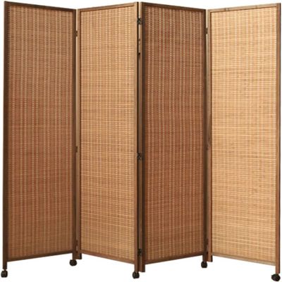 Wood Screen 3 4 5 6 Panel with Bamboo Mesh Woven, 5' 6' Tall Foldable Room Divider/Separators for Home Office Garden Terrace Bedroom Teahouse, Freestanding Partition Wall On Wheels (Size : 150cm/59.1