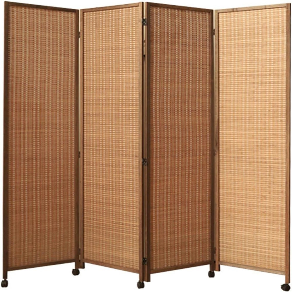 Wood Screen 3 4 5 6 Panel with Bamboo Mesh Woven, 5' 6' Tall Foldable Room Divider/Separators for Home Office Garden Terrace Bedroom Teahouse, Freestanding Partition Wall On Wheels (Size : 150cm/59.1