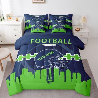 Erosebridal 7 Pcs Comforter Set Queen Size,Personalized Kids Football Bed in a Bag with Flat Sheet and Fitted Sheet for Kids and Adults,Sports Bedding Set with Pillowcases and Cushion Cases