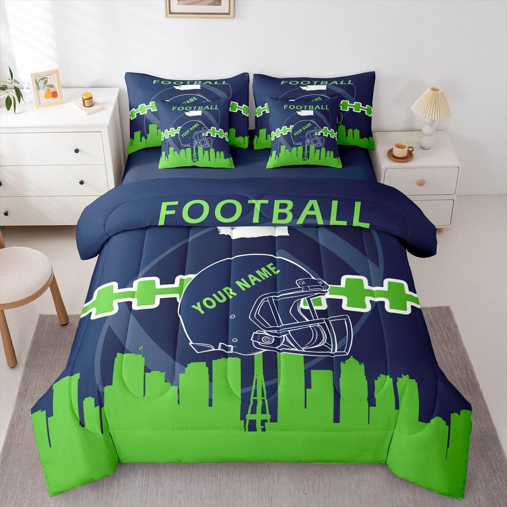 Erosebridal 7 Pcs Comforter Set Queen Size,Personalized Kids Football Bed in a Bag with Flat Sheet and Fitted Sheet for Kids and Adults,Sports Bedding Set with Pillowcases and Cushion Cases