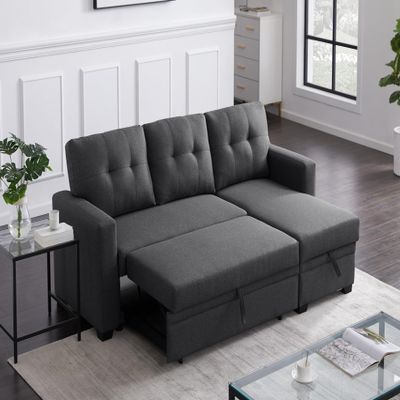 DREAMODERN 82" Pull-Out Sofa Bed with Storage Space for Living Room, Sectional Sofa Couch L-Shape Convertible Sofa Bed for Home Office - Linen Fabric 82" W x 53" D x 34.5" H Drak Gray