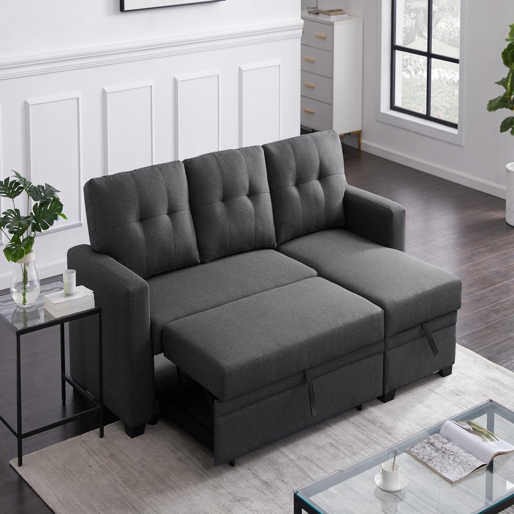 DREAMODERN 82" Pull-Out Sofa Bed with Storage Space for Living Room, Sectional Sofa Couch L-Shape Convertible Sofa Bed for Home Office - Linen Fabric 82" W x 53" D x 34.5" H Drak Gray