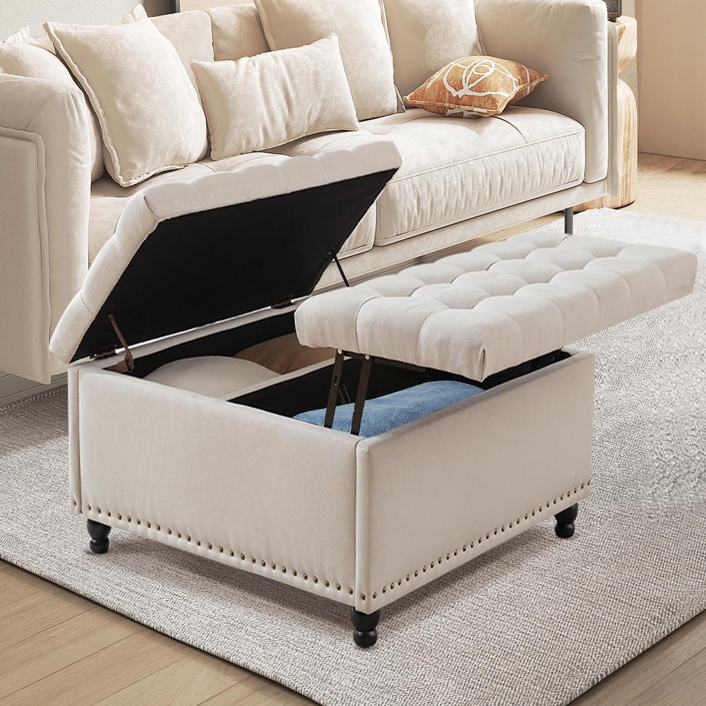 UTOASIS 36" Large Square Ottoman with Storage, Tufted Upholstered Storage Ottoman with Lift Top & Solid Legs for Bedroom Room, Extra Large Coffee Tables Bench for Living Room as Footstool (Beige)