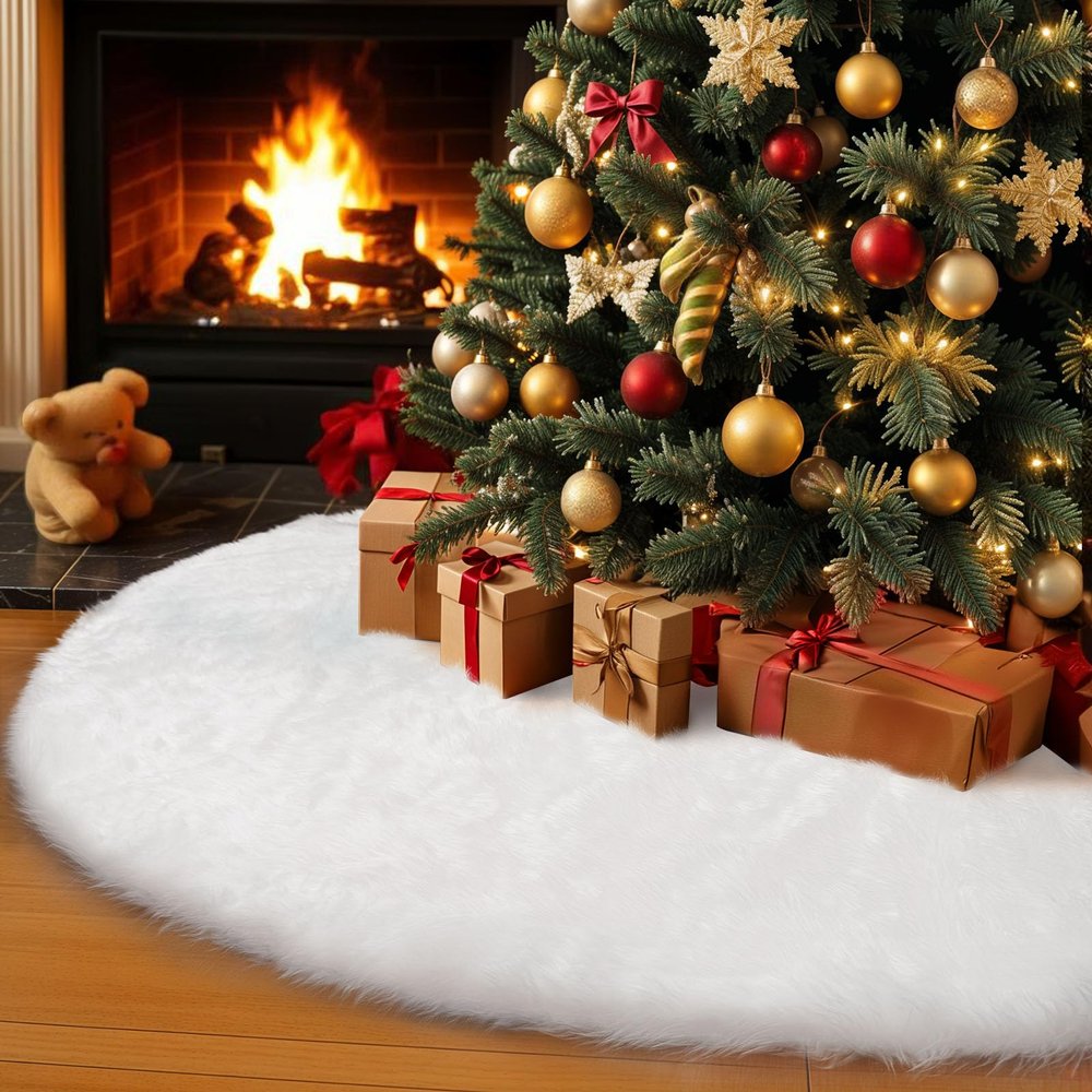 OurWarm 72 Inch Christmas Tree Skirt, Faux Fur Xmas Tree Decorations White Soft Plush Fluffy Large Xms Tree Skirt for Christmas Home Decor Holiday Party Winter Indoor