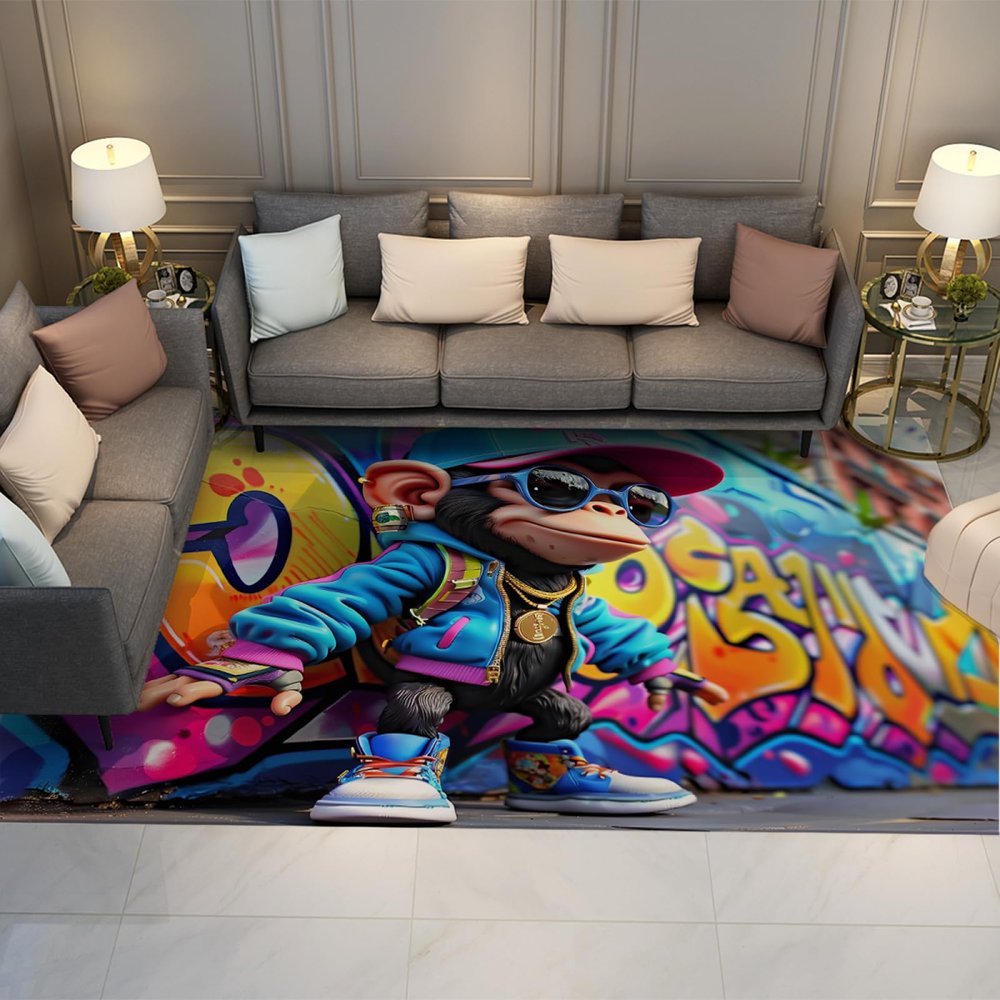Hip Hop Style Kids Rug Funny Monkey Prints Graffiti Area Rugs Low Pile Playroom Rug Non Slip Carpet for Living Room Bedroom Decor 2' x 3'