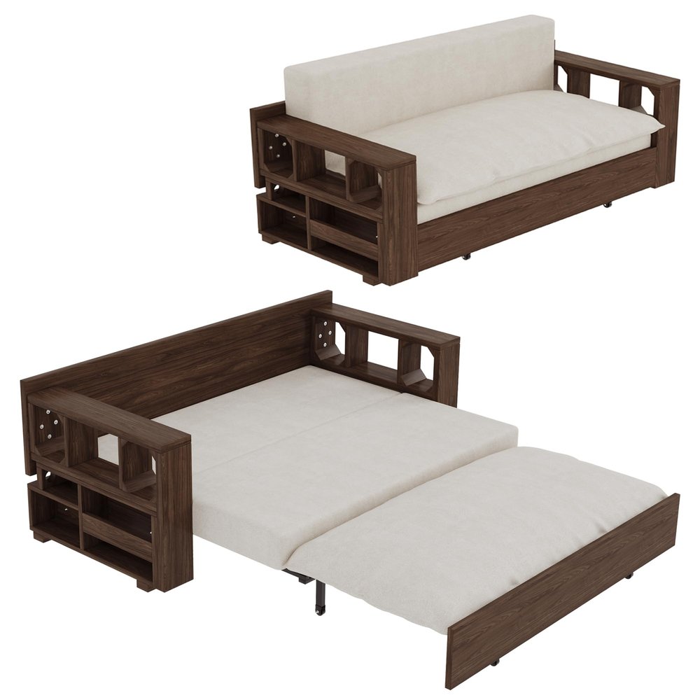 MWrouqfur 52.4'' Pull-Out Sofa Bed, 3-in-1 Convertible Sleeper Sofa with Side Storage, Daybed with Velvet Cushions for Living Room, Apartment, Small Space (Beige)