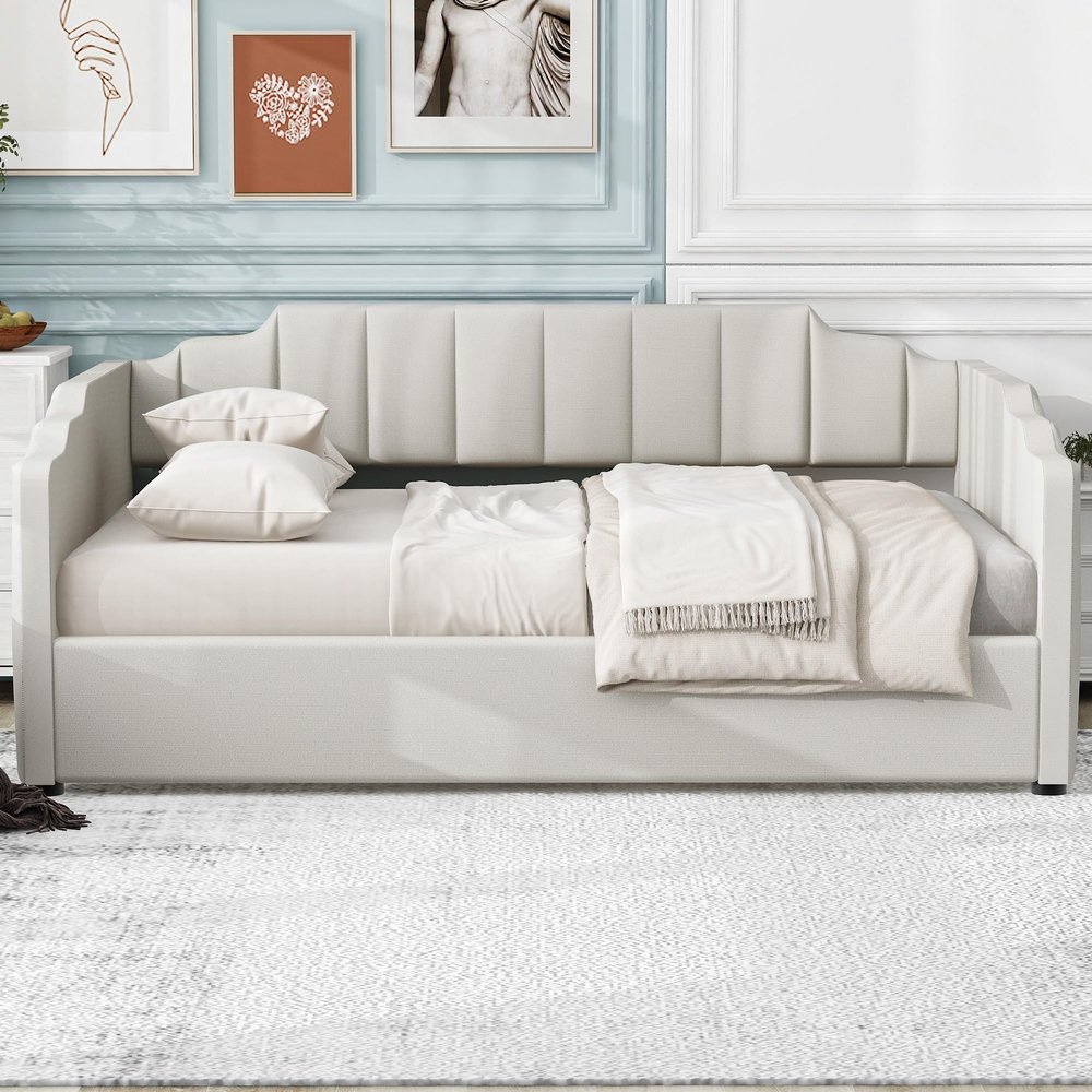 HABITRIO Full Size Daybed, Upholstered Full Daybed Frame with Underneath Storage, Sofa Bed for Bedroom/Living Room, Beige