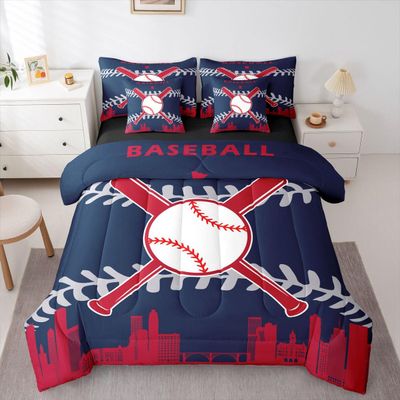 Erosebridal 7 Pcs Comforter Set Queen Size,Baseball Team Bed in a Bag with Flat Sheet and Fitted Sheet for Kids and Adults,Baseball Bedding Set with Pillowcases and Cushion Cases