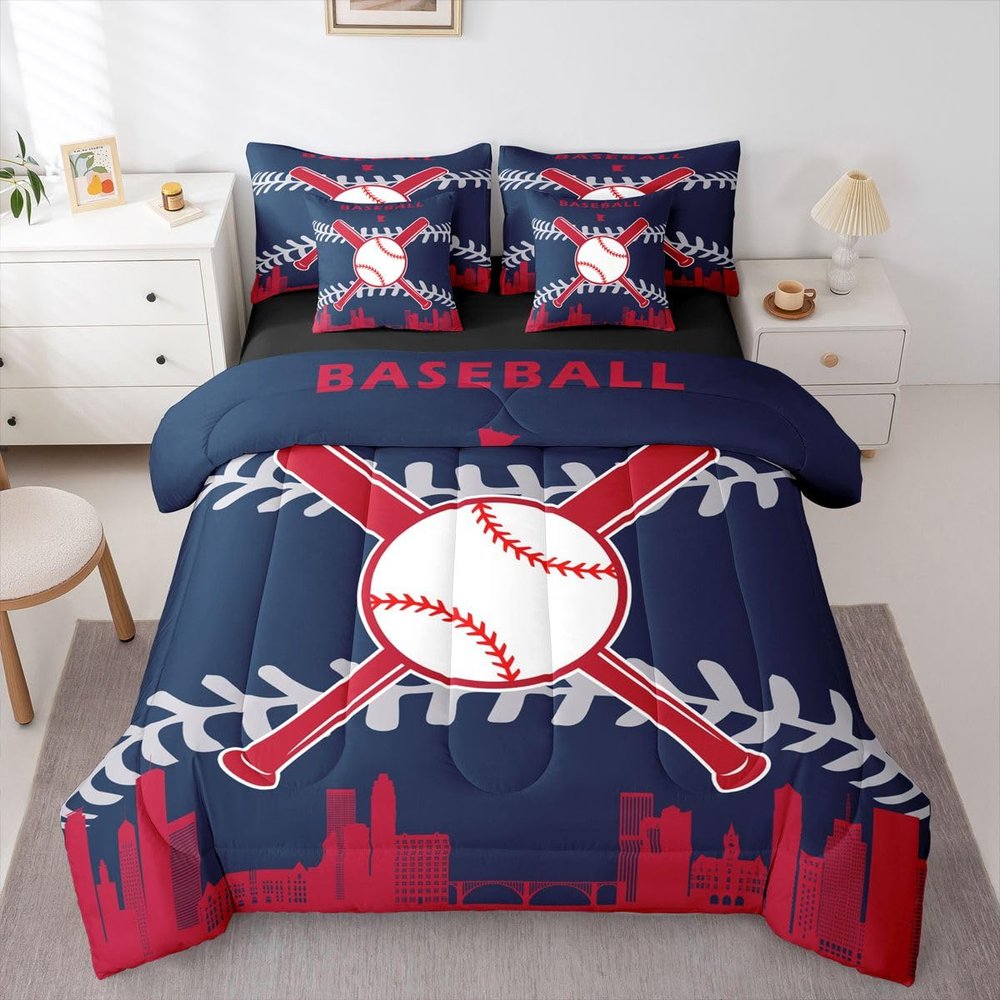 Erosebridal 7 Pcs Comforter Set Queen Size,Baseball Team Bed in a Bag with Flat Sheet and Fitted Sheet for Kids and Adults,Baseball Bedding Set with Pillowcases and Cushion Cases