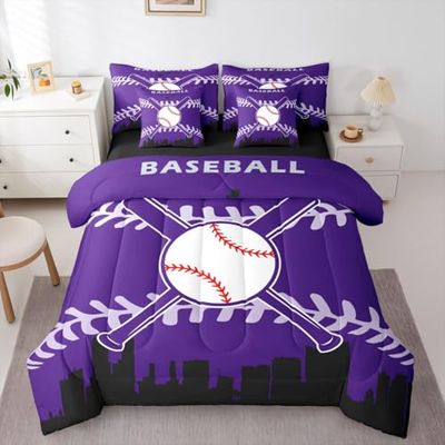 Erosebridal 7 Pcs Comforter Set Queen Size,Baseball Bed in a Bag with Flat Sheet and Fitted Sheet for Kids and Adults,Boys Baseball Bedding Set with Pillowcases and Cushion Cases(Colorado)