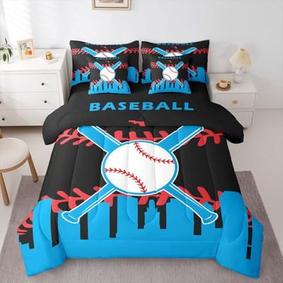 Erosebridal 7 Pcs Comforter Set Queen Size,Sports Bed in a Bag with Flat Sheet and Fitted Sheet for Kids and Adults,Baseball Bedding Set with Pillowcases and Cushion Cases Bedroom Decor
