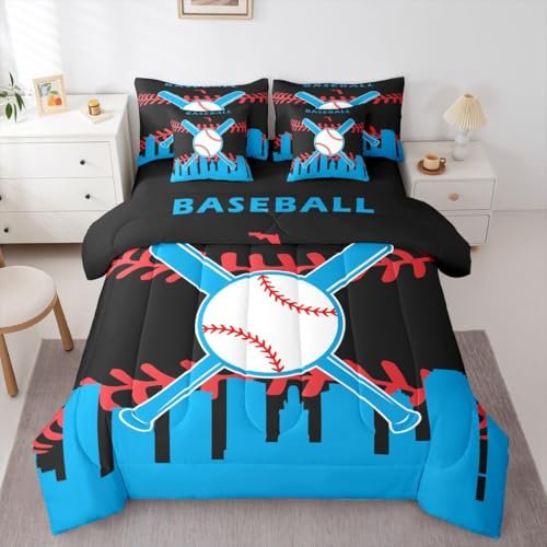 Erosebridal 7 Pcs Comforter Set Queen Size,Sports Bed in a Bag with Flat Sheet and Fitted Sheet for Kids and Adults,Baseball Bedding Set with Pillowcases and Cushion Cases Bedroom Decor