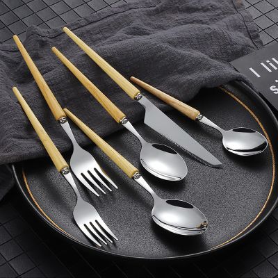 36pcs wooden silverware set service for 6, premium 18/8 stainless steel knife fork spoon,flatware cutlery sets for family hotel restaurant, portuguese wooden handle tableware set