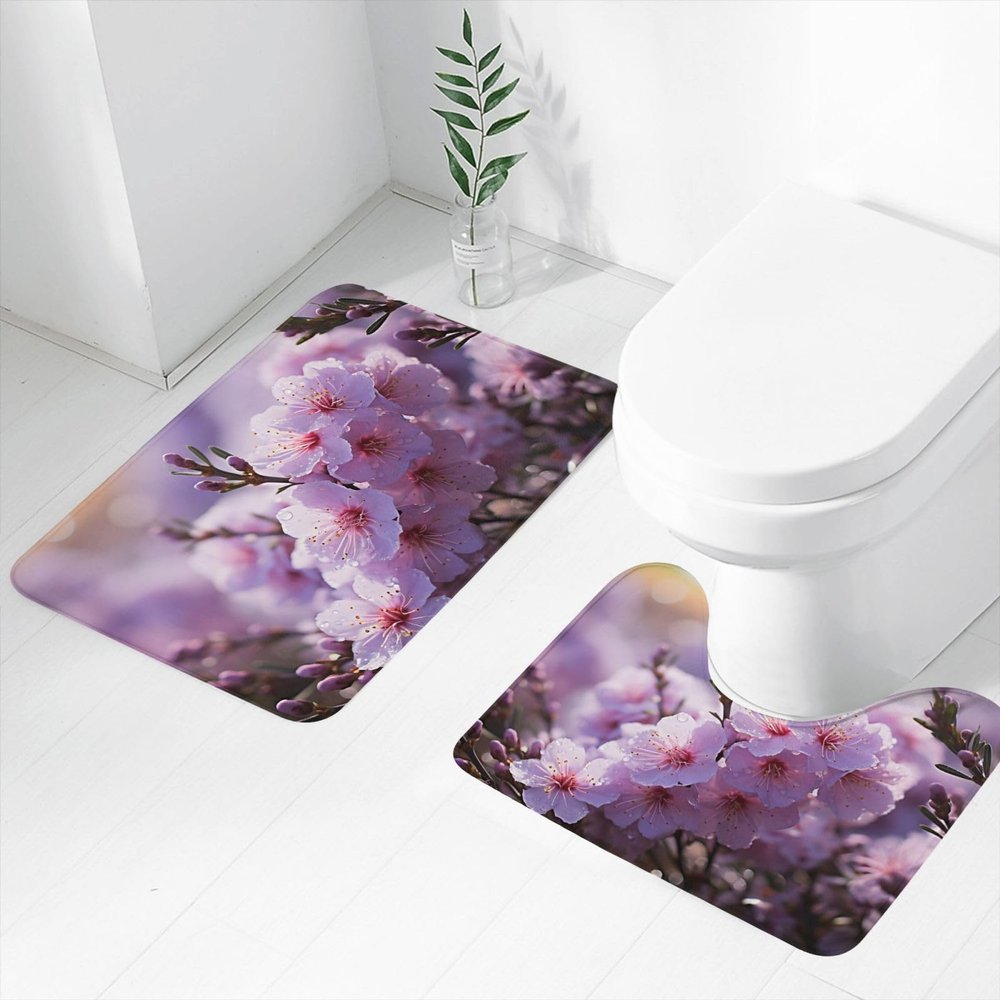 Bathroom Rugs Sets 2 Piece Soft Absorbent Bath Mat for Bathroom Cherry Blossom Bath Rugs and U-Shaped Contour Toilet Rug Non-Slip Bath Carpet for Bathtub Floor Mat