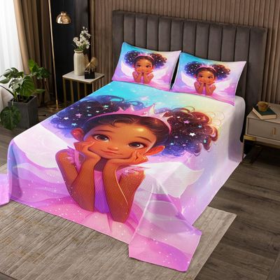 Manfei Black Little Girl Bedspread Twin Size, Cute Girl Princess with Wings Quilted Coverlet with 1 Pillowcase, Blue Purple Pink Galaxy Coverlet Set for Kids Women, Soft Polyester Bedding Quilt