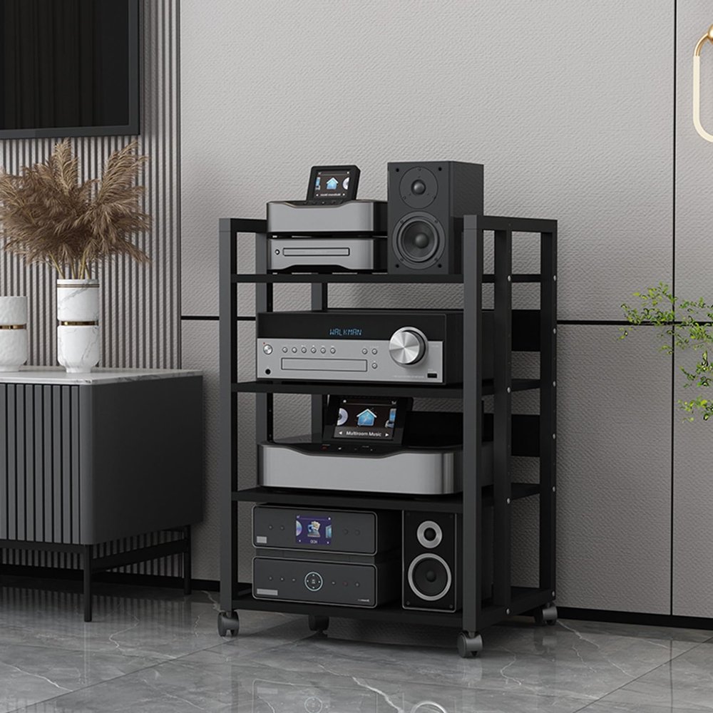 SOBS 3/4/5/6-Tier AV Media Stand Audio Rack with Wooden Shelf and Steel Frame, Modern Entertainment Stereo Component Storage Cabinet CD Player Stand for Home/Office/Theater(B,4 Tier)