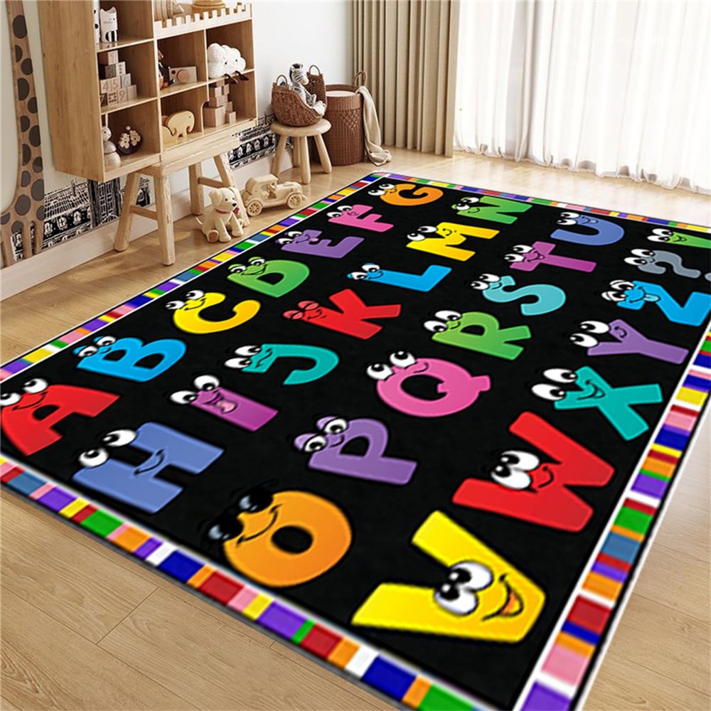 Srocvi Kids Area Rug English Characters ABC and Math Symbols Learning Carpets, Lovely Black Foldable Large Area Rugs Perfect for Dining Room Bedside Kids Boys Bedroom Playroom Hallway, 6x9ft