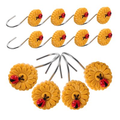 CATIEBYE 12pcs Sunflower and Ladybird Shower Curtain Hooks and Rings for Bathroom Secure Design Prevents Falling Versatile Decorative Hangers for All Shower Curtains
