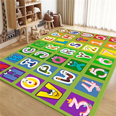 Srocvi Kids Area Rug English Characters ABC and Math Symbols Learning Carpets, Cute Cartoon Colored Washable Foldable Door Mat in Predominantly Cyan Colors Ideal for Living Dining Room Bedside, 6x9ft