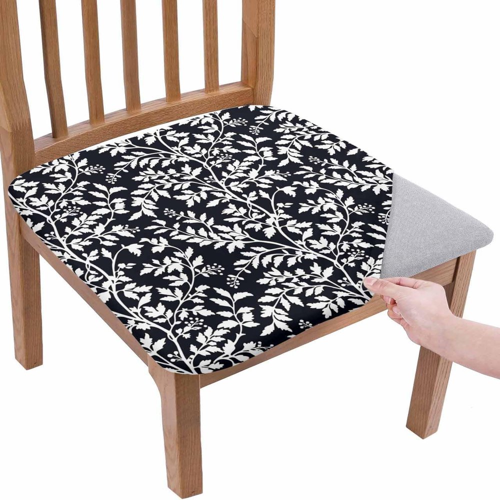 Black Botanical Chair Seat Covers for Dining Room Stretch Chair Seat Covers Set of 6,Chair Seat Protector Cushion Slipcovers for Kitchen Restaurant Office Country Retro White Tree Leaves Floral Flower