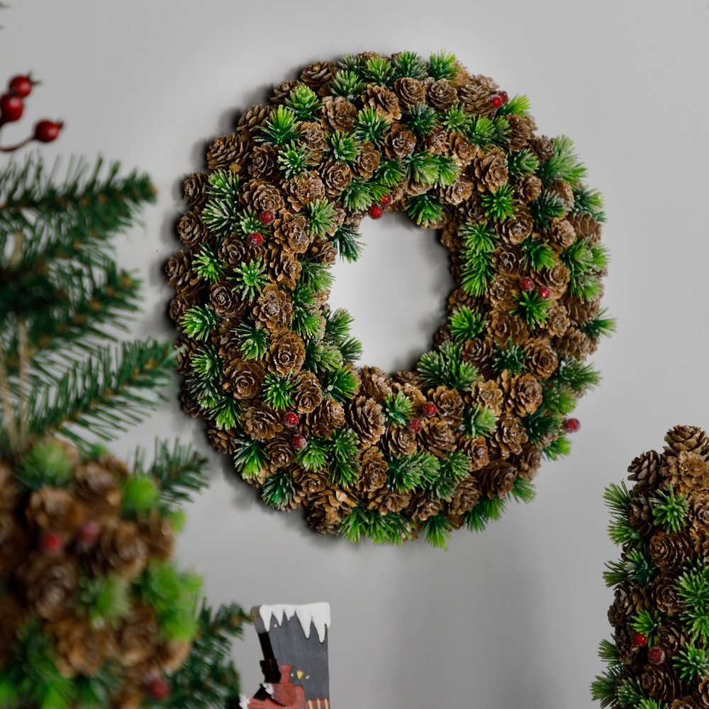 Northlight MIni Pinecone and Berries Small Frosted Christmas Wreath - 13" - Unlit