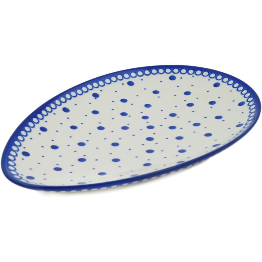 Polmedia Polish Pottery Oval Platter 13-inch - Azure Polka Pattern Handmade in Boleslawiec Poland + Certificate of Authenticity